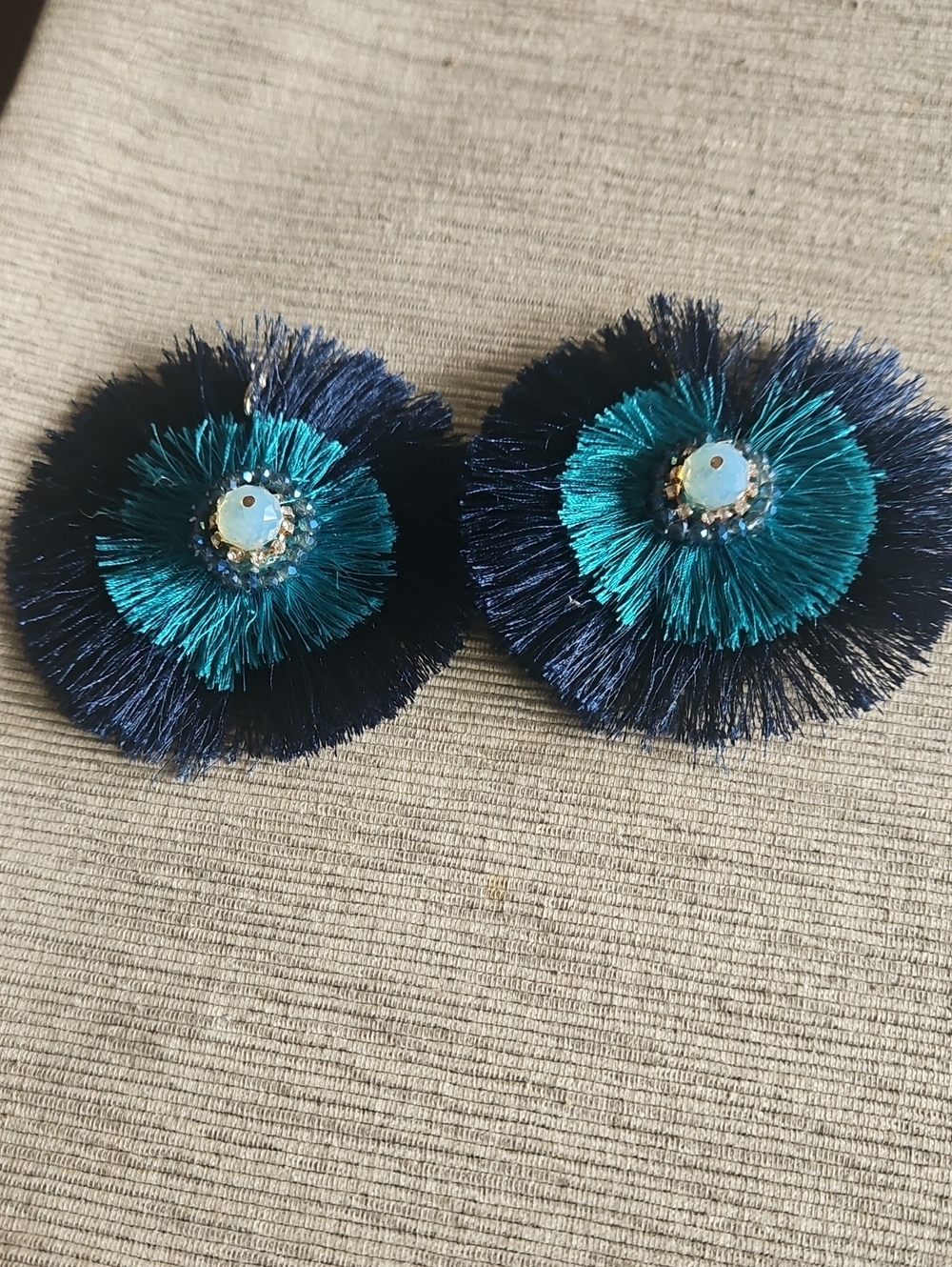 4  For $10 Handmade Teal and Navy Fringe Flower Earrings Post Back.